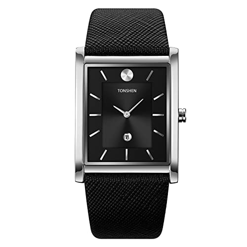 TONSHEN Herrenuhr Fashion Analog Quarz Uhren Elegant Edelstahl Lünette mit Leder Band Kalender Casual Armbanduhr (Silber-Schwarz) von TONSHEN