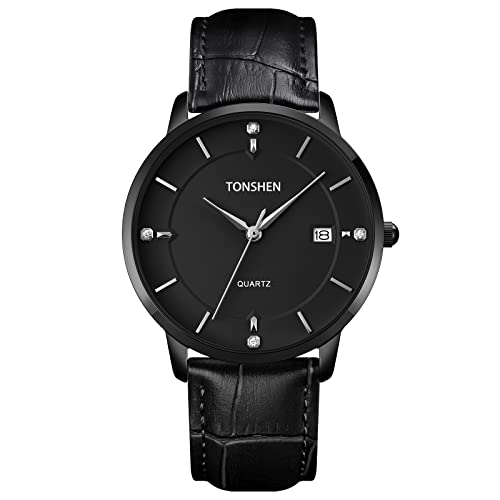 TONSHEN Herrenuhr Fashion Edelstahl Uhren Analog Quarz Datum Drache Armbanduhr Edelstahl/Leder Band (Pures Schwarz) von TONSHEN