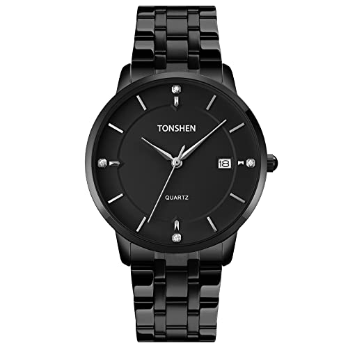 TONSHEN Herrenuhr Fashion Edelstahl Uhren Analog Quarz Datum Drache Armbanduhr Edelstahl/Leder Band (Schwarz) von TONSHEN