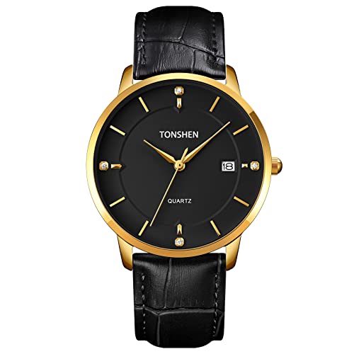 TONSHEN Herrenuhr Fashion Edelstahl Uhren Analog Quarz Datum Drache Armbanduhr Edelstahl/Leder Band (Schwarz-Leder) von TONSHEN