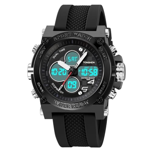 TONSHEN Herrenuhr Militäruhr Outdoor Uhren LED Elektronik Analog Quarz Double Zeit Wasserdicht Sportuhr Digitaluhr Multifunktional Uhr (Schwarz) von TONSHEN