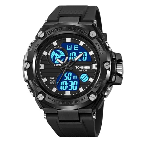 TONSHEN Herrenuhr Outdoor Militär Uhren LED Elektronik Analog Quarz Double Zeit Digitaluhr Multifunktional Wasserdicht Sportuhr Kautschuk Armband (Schwarz) von TONSHEN