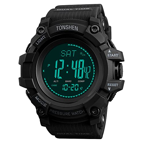 TONSHEN Herrenuhr Outdoor Sport Militär Digital Kompass Uhren Multifunktional Höhenmesser Thermometer Schrittzähler LED Double Zeit Plastik Armbanduhr (Schwarz) von TONSHEN