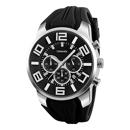 TONSHEN Herrenuhr Sport Uhr Silikon Band Edelstahl Lünette Analog Quarzuhr Uhren 12H/24H Kalender Datum Armbanduhr für Männer Jungen, Schwarz von TONSHEN