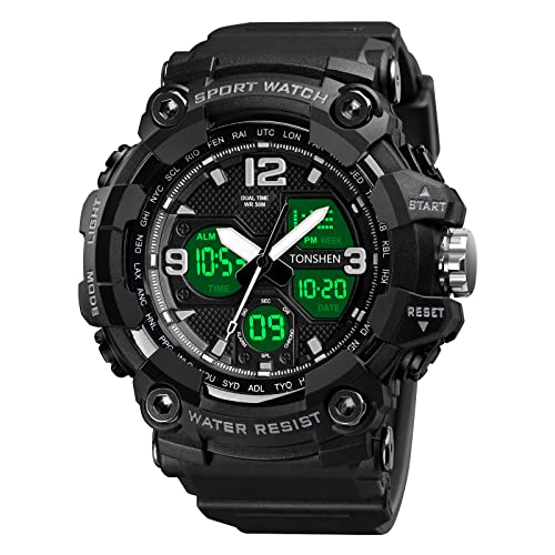 TONSHEN Herrenuhr Sportuhr Digitaluhr Outdoor LED Elektronik Analog Quarz Double Zeit Uhren Militär Multifunktional Alarm 50M Wasserdicht Armbanduhr (Schwarz) von TONSHEN