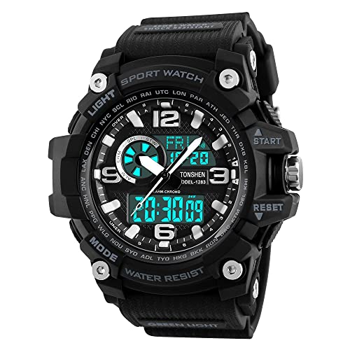 TONSHEN Herrenuhr Sportuhr Outdoor Militär 50M Wasserdicht Uhren LED Analog Quarz DREI Zeit Digitaluhr Alarm Countdown Armbanduhr (Schwarz) von TONSHEN