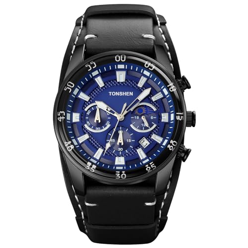 TONSHEN Herrenuhr Uhren Mondphase Kleines Zifferblatt Stoppuhr Kalender Analog Quarz Outdoor Sport Armbanduhr Edelstahl Lünette mit Leder Band (Schwarz Blau) von TONSHEN