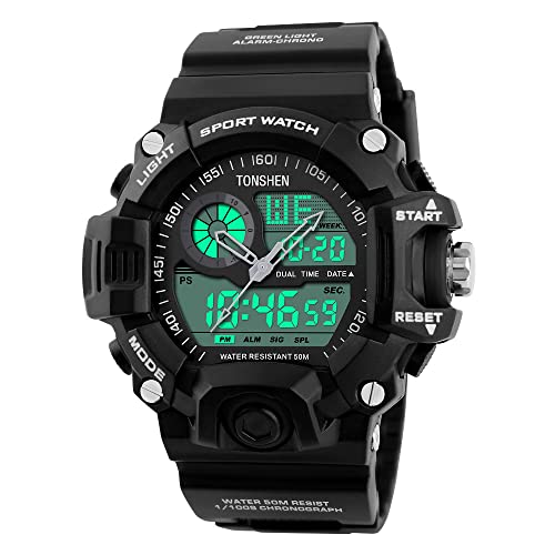 TONSHEN Männer LED Digital Uhr Sportuhr Analog Quarzuhr Wasserdicht Armbanduhr Militär Tactical Uhren Lichter Datum Alarm Multifunktion (Schwarz) von TONSHEN