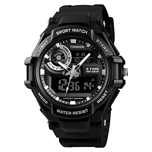 TONSHEN Multifunktional 50M Wasserdicht Herren Uhren Alarm Stoppuhr LED Analog Quarz DREI Zeit Digital Sport Outdoor Militär Armbanduhr (Schwarz) von TONSHEN