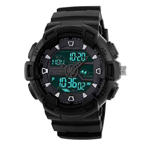 TONSHEN Sport Digital Uhr für Männer Wasserdicht Outdoor LED Militär Herrenuhr Doppel Zeit Analog Quarz Uhren Schwarz Plastik Silikon Band Armbanduhr von TONSHEN