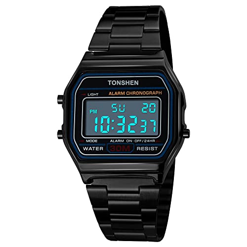 TONSHEN Unisex Fashion Multifunktion Digital Uhren Outdoor Sportuhr Kalender Datum Stoppuhr Edelstahl Armbanduhr (Schwarz) von TONSHEN