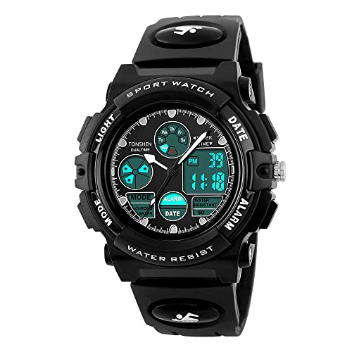 TONSHEN Unisex LED Digitaluhr Analog Quarzuhr 50M Wasserdicht Uhr Outdoor Militär Sport Uhren Plastik mit Silikon Band Neutral Armbanduhr, Schwarz von TONSHEN