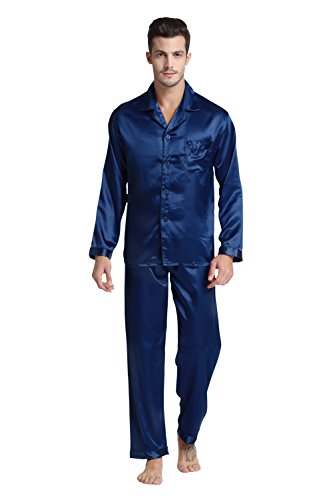 Tony & Candice Herren Pyjama Lang Klassische Satin Schlafanzug (XL, Blau) von TONY AND CANDICE