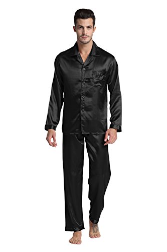 Tony & Candice Herren Pyjama Lang Klassische Satin Schlafanzug (M, Schwarz) von TONY AND CANDICE