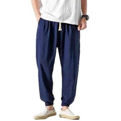 TOQVTOO Haremshose für Herren, japanische Hose, Haremshose für Herren, japanische Hose, Leinen, XJ002, Marineblau, 3XL von TOQVTOO