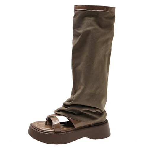 Damenmode Plateausandalen Peep Toe Flip-Flops Flats Trend Punk Gladiator Schuhe Sommer Coole Knöchelhohe Stiefel (Color : Long khaki, Size : 36) von TOSOFT