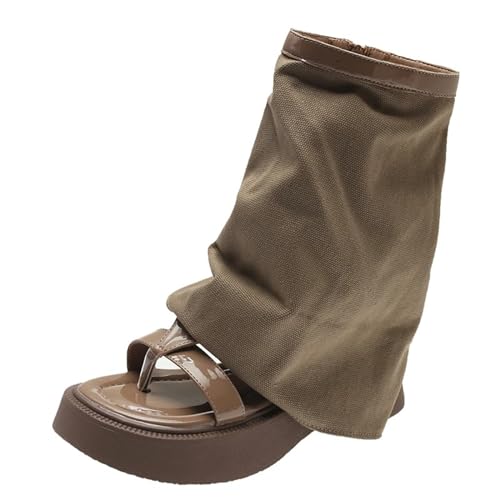 Damenmode Plateausandalen Peep Toe Flip-Flops Flats Trend Punk Gladiator Schuhe Sommer Coole Knöchelhohe Stiefel (Color : Short khaki, Size : 38) von TOSOFT