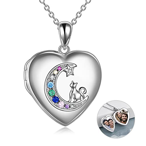 Photo Kette Medaillon Halskette, die Bilder hält Sterling Silber Halbmond & Katze Halskette für Frauen Katze Schmuck Foto Medaillon Halskette für Mädchen Geburtstagsgeschenke für Liebhaber Freundin von TOUPOP