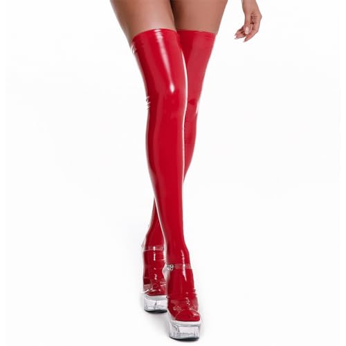 TQPUWT Damenstrümpfe, Damen Sexy Latex Strümpfe, Oberschenkelstrumpfhose, Sexy Leder Bodysuit Damen, Kleid Party Latex Playsuit, Kurze Strampler Clubwear Cosplay Kostüm, Rot, XXL-XXXL von TQPUWT