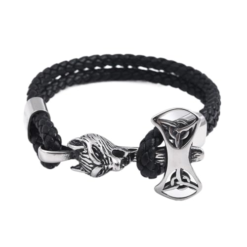 Doppellagiges Schwarzes Wolfskopf Lederarmband Für Herren - Nordic Viking Edelstahl Mjolnir Geflochtenes Lederarmband - Vintage Keltischer Knoten Thor's Hammer Manschettenarmreif Schmuck ( Color : Sil von TQWSVUM