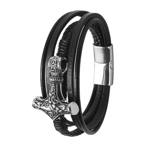 Herren Wikinger Mjolnir Lederarmband - Nordischer Vintage Mehrschichtiger Geflochtener Odin Thors Hammer Armreif Aus Edelstahl - Wirstband Armbänder Mit Schnalle Und Verschluss ( Color : Silver_19CM ) von TQWSVUM