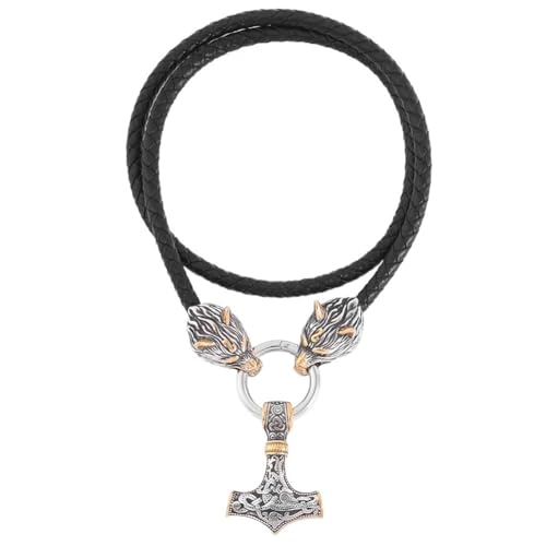 Herren Wikinger Wolf Mjölnir Halskette - Nordic Odin Celtic Knot Thors Hammer Edelstahl Anhänger - Handgefertigtes Geflochtenes Leder Wolfskopfkette Vintage Amulett Pagan Schmuck ( Color : Gold_60CM ) von TQWSVUM