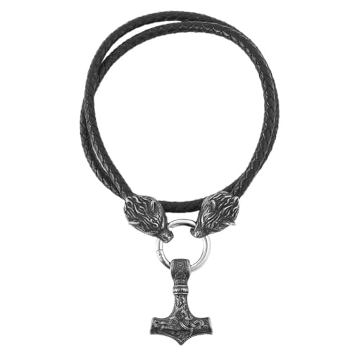 Herren Wikinger Wolf Mjölnir Halskette - Nordic Odin Celtic Knot Thors Hammer Edelstahl Anhänger - Handgefertigtes Geflochtenes Leder Wolfskopfkette Vintage Amulett Pagan Schmuck ( Color : Vintage_50C von TQWSVUM