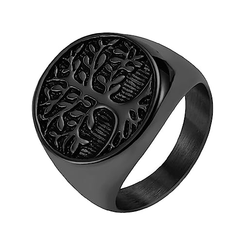 Keltischer Lebensbaum Siegelring Für Herren - Nordische Mythologie Wikinger Yggdrasil Edelstahlring - 18 Karat Vergoldeter Vintage Runder Lebensbaum Ring Schutz Amulett Schmuck ( Style : Black_10 ) von TQWSVUM