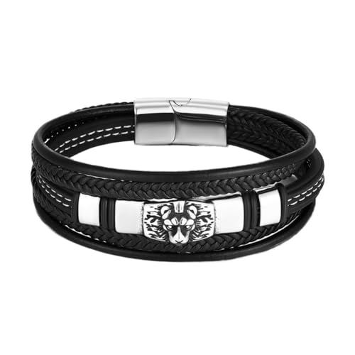 Löwenkopf Lederarmbänder Für Männer - Wikinger Mehrschichtige Lederschnüre Geflochtener Löwen Manschettenarmreif - Nordischer Vintage Edelstahl Löwenkopf Armband Tier Amulett Schmuck ( Color : Black_2 von TQWSVUM