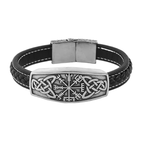 Nordic Viking Vegvisir Armband Für Männer - Edelstahl Keltischer Knoten Kompass Leder Geflochtenes Armband - Mode Vintage Wrap Wirstband Talisman Armreif Schmuck Geschenk ( Color : Silver_22CM ) von TQWSVUM