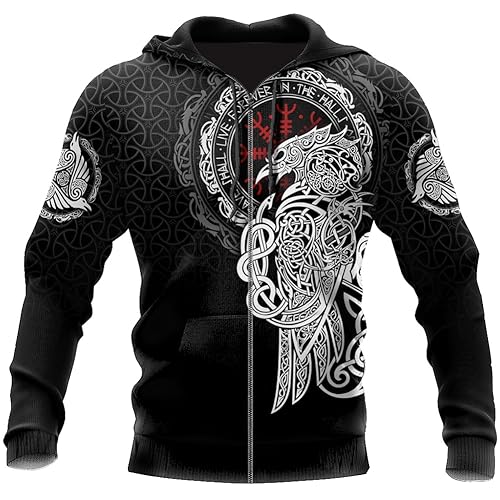 Nordische Mythologie Oversized Kapuzenpullover Mit Reißverschluss Sweatshirts - Viking Fenrir Casual Jacken Mit Kordelzug Für Herren - Mittelalterlicher Gothic Pullover Mit Krähendruck ( Color : Raven von TQWSVUM