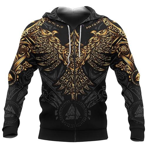 Nordische Mythologie Oversized Kapuzenpullover Mit Reißverschluss Sweatshirts - Viking Fenrir Casual Jacken Mit Kordelzug Für Herren - Mittelalterlicher Gothic Pullover Mit Krähendruck ( Color : Raven von TQWSVUM