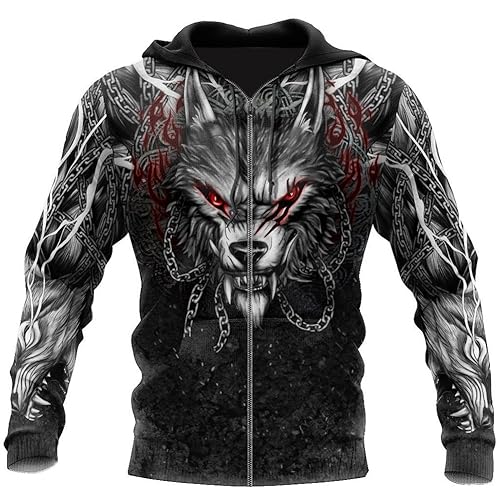 Nordische Mythologie Oversized Kapuzenpullover Mit Reißverschluss Sweatshirts - Viking Fenrir Casual Jacken Mit Kordelzug Für Herren - Mittelalterlicher Gothic Pullover Mit Krähendruck ( Color : Wolf von TQWSVUM