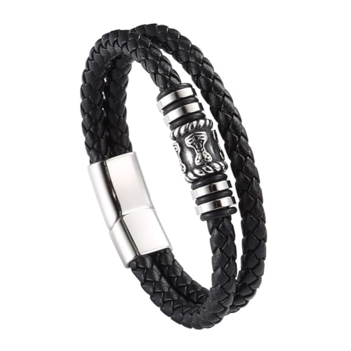 Nordische Wikinger Mjolnir Lederarmbänder Für Männer- Doppellagiger Edelstahl Odin Thors Hammerperle Geflochtenes Lederarmband - Keltisches Heidnisches Amulett Manschette Armreif Schmuck ( Color : Bla von TQWSVUM