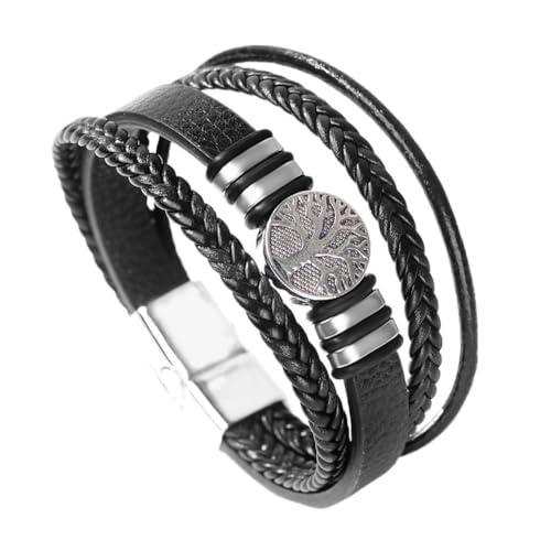 Nordischer Wikinger Yggdrasil Lederarmband - Frauen Männer Mehrlagige Lederkordeln Geflochtener Baum Des Lebens Perlenarmband - Vintage Amulett Manschette Armreif Schmuck ( Color : Black_21.5CM ) von TQWSVUM