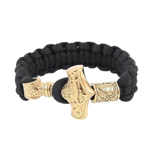 Nordisches Wikinger Thors Hammer Armband Für Herren – Handgefertigtes Mjolnir Paracord-Armband Aus Geflochtenem Seil Aus Edelstahl - Vintage Odin Symbol Valknut Bead Amulett Schmuck ( Color : Gold_19C von TQWSVUM