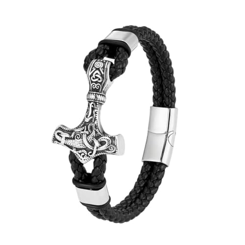 Norse Viking Mjolnir Armband Für Herren - Schwarzes Geflochtenes Lederarmband Mit Anhänger Edelstahl Thor's Hammer - Doppellagiger Gewebter Vintage Pagan Cuff Armreif Schmuck ( Color : Silver_19CM ) von TQWSVUM