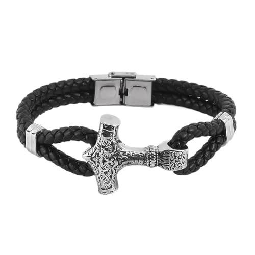 TQWSVUM Herren Wikinger Edelstahl Thor Hammer Armbänder - Doppellagiger Mjölnir Anhänger Leder Geflochtenes Armband - Nordic Triple Horn of Odin Amulett Armband Gothic Schmuck (Color : Silver_22CM) von TQWSVUM