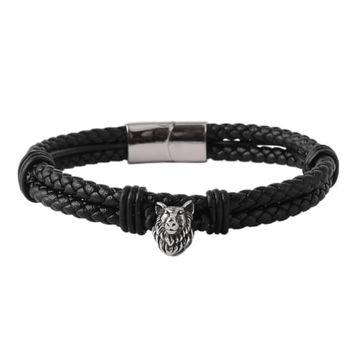 TQWSVUM Männer Frauen Wikinger Wolf Lederarmband – Doppellagiges Edelstahl Wolfskopf Leder Geflochtenes Armband – Nordischer Vintage Fenrir Tieramulett Heidnischer Schmuck (Color : Silver_21CM) von TQWSVUM