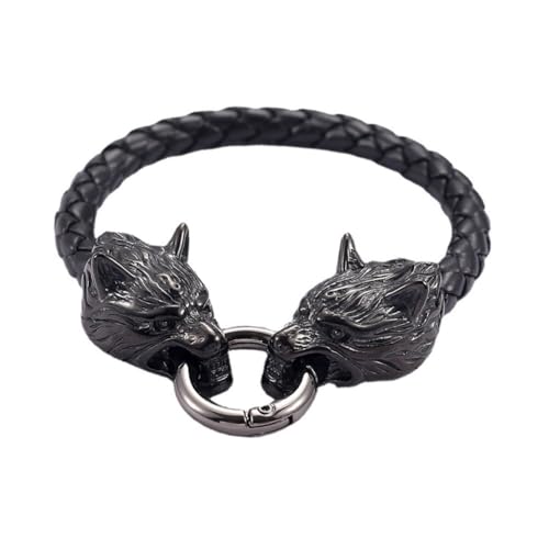 TQWSVUM Männer Viking Wolf Fenrir Leder Armband - Edelstahl Odin Wolf Köpfe Geflochtenes Seil Manschette Armband - Unisex Nordische Heidnische Tier Amulett Armreif Schmuck (Color : Black_21CM) von TQWSVUM