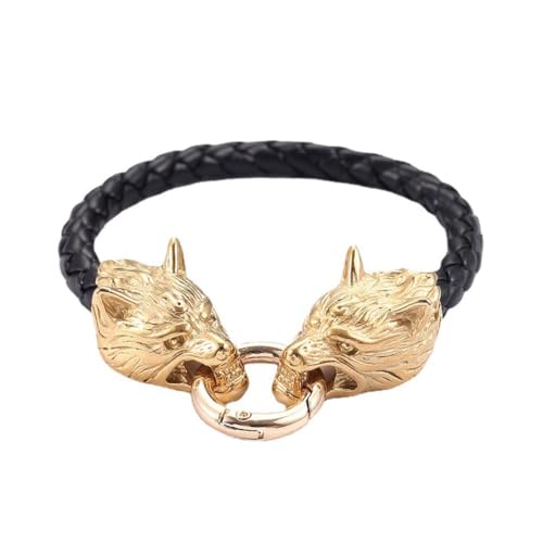 TQWSVUM Männer Viking Wolf Fenrir Leder Armband - Edelstahl Odin Wolf Köpfe Geflochtenes Seil Manschette Armband - Unisex Nordische Heidnische Tier Amulett Armreif Schmuck (Color : Gold_21CM) von TQWSVUM