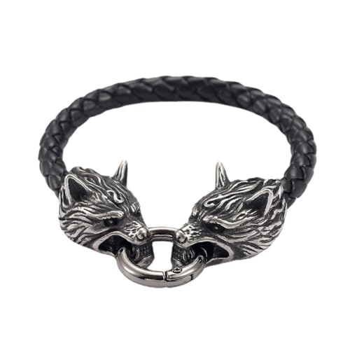 TQWSVUM Männer Viking Wolf Fenrir Leder Armband - Edelstahl Odin Wolf Köpfe Geflochtenes Seil Manschette Armband - Unisex Nordische Heidnische Tier Amulett Armreif Schmuck (Color : Vintage_23CM) von TQWSVUM