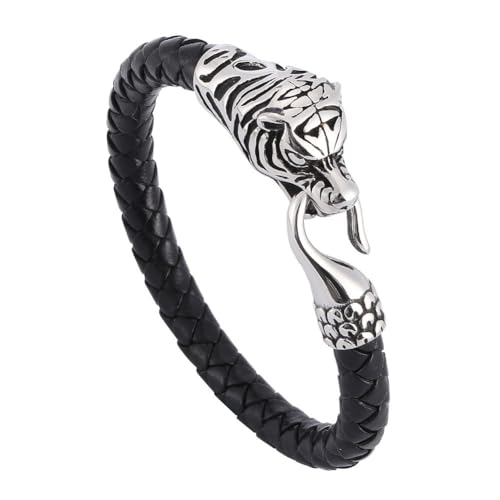 TQWSVUM Männer Wikinger Tiger/Drache/Wolfskopf Geflochtenes Lederarmband - Nordischer Edelstahl Tier Amulett Armreif - Unisex Mode Vintage Gewebte Seilmanschette Armband Schmuck (Color : Tiger_175MM) von TQWSVUM