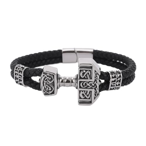 TQWSVUM Mjölnir Armband Für Herren - Viking Thors Hammer Schwarzes Leder Seil Geflochtenes Armband - Nordic Vintage Edelstahl Keltischer Knoten Mjolnir Wickelarmband Schmuck (Color : Silver_22CM) von TQWSVUM