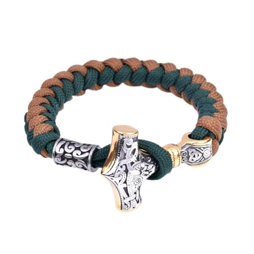 TQWSVUM Nordic Viking Thor's Hammer Wolf Paracord Armband - Männer Frauen Edelstahl Geflochtenes Seil Manschette Armband - Mode Vintage Perle Talisman Armreif Schmuck (Color : Mjolnir B_21CM) von TQWSVUM