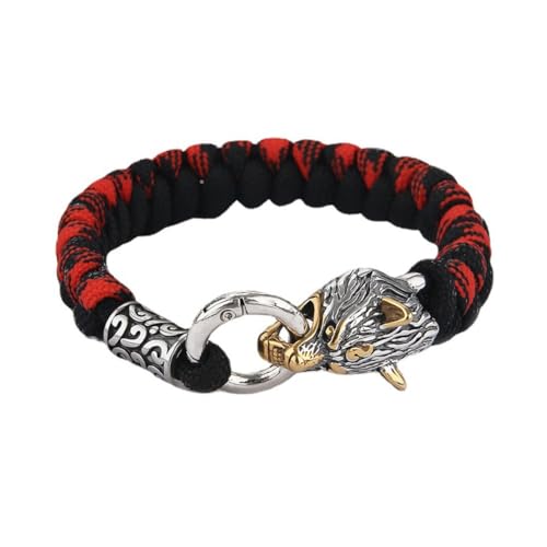 TQWSVUM Nordic Viking Thor's Hammer Wolf Paracord Armband - Männer Frauen Edelstahl Geflochtenes Seil Manschette Armband - Mode Vintage Perle Talisman Armreif Schmuck (Color : Wolf B_19CM) von TQWSVUM