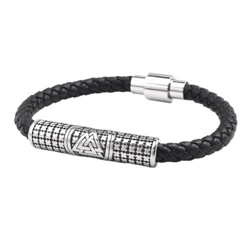 TQWSVUM Nordic Viking Valknut Perlen Geflochtenes Lederarmband Für Männer - Einlagiges Edelstahl Odin Symbol Perlen Armband - Vintage Leder Kordel Manschette Armreif Modeschmuck (Color : Silver_23CM) von TQWSVUM