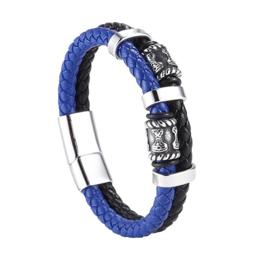 TQWSVUM Thor's Hammer Lederarmband Für Herren - Wikinger Mjolnir Perlen Perlen Weben Seil Armreifen - Doppellagige Geflochtene Ledermanschette Armband Paar Schmuck (Color : Blue_175MM) von TQWSVUM