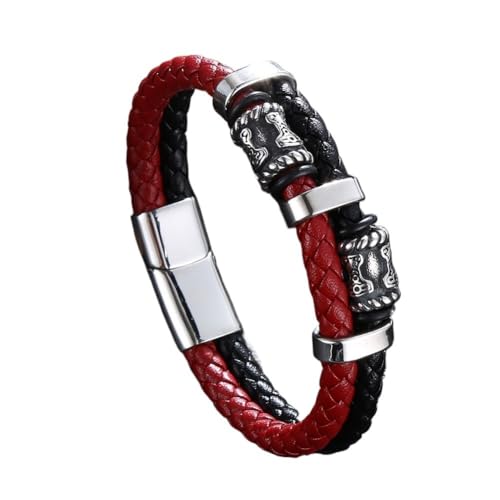 TQWSVUM Thor's Hammer Lederarmband Für Herren - Wikinger Mjolnir Perlen Perlen Weben Seil Armreifen - Doppellagige Geflochtene Ledermanschette Armband Paar Schmuck (Color : Red_185MM) von TQWSVUM