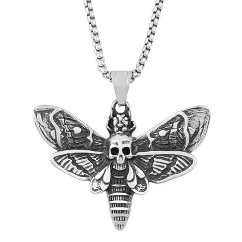 TQWSVUM Totenkopf Motte Anhänger Halskette Für Männer Frauen - Vintage Gothic Totenkopf Schmetterling Halsketten Aus Edelstahl - Unisex Mode Punk Biker Hip Hop Tier Insekt Amulett Schmuck von TQWSVUM